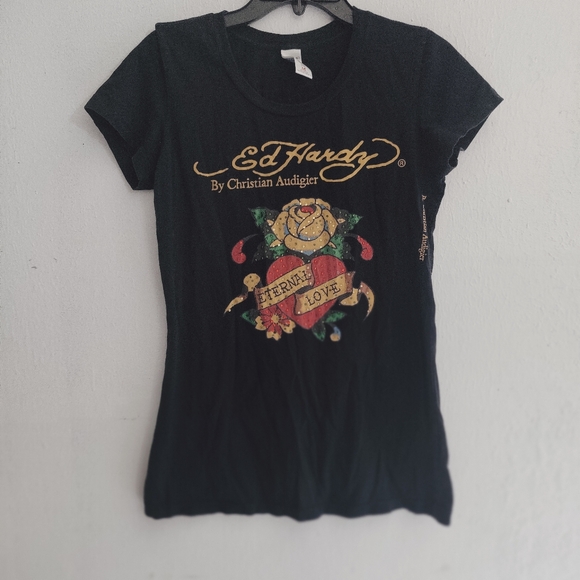 Vintage Ed Hardy Black T-Shirt with Graphic Design And Stones - Picture 1 of 6